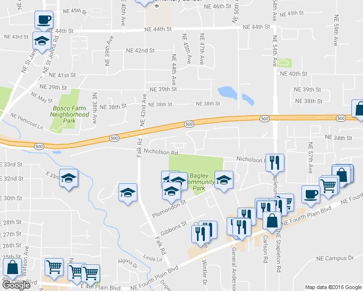 map of restaurants, bars, coffee shops, grocery stores, and more near 4450 Northeast Nicholson Loop in Vancouver