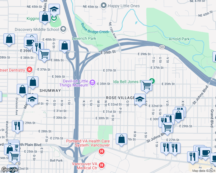 map of restaurants, bars, coffee shops, grocery stores, and more near 3500 O Street in Vancouver
