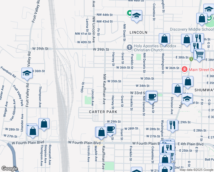map of restaurants, bars, coffee shops, grocery stores, and more near 3415 Kauffman Avenue in Vancouver