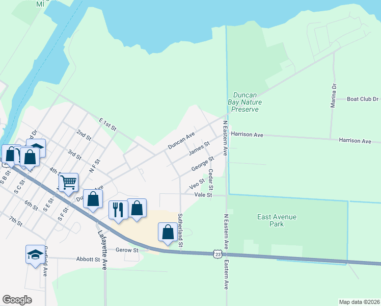 map of restaurants, bars, coffee shops, grocery stores, and more near 400 James Street in Cheboygan