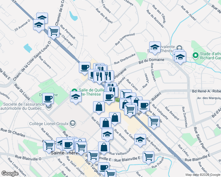 map of restaurants, bars, coffee shops, grocery stores, and more near 201 Boulevard Curé-Labelle in Sainte-Thérèse