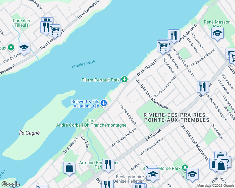 map of restaurants, bars, coffee shops, grocery stores, and more near 8415 Boulevard Gouin Est in Montréal