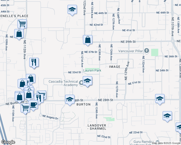 map of restaurants, bars, coffee shops, grocery stores, and more near 12210 Northeast 33rd Street in Vancouver