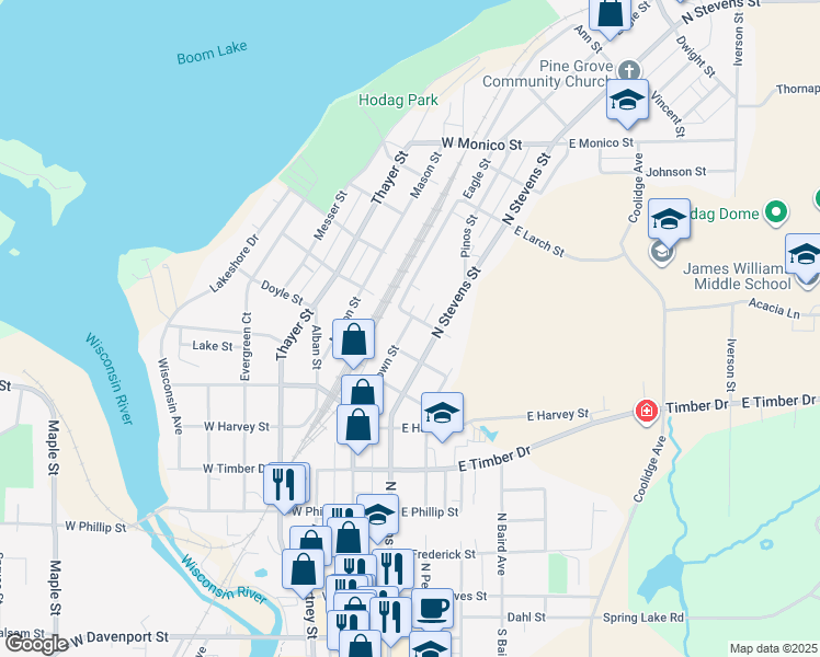 map of restaurants, bars, coffee shops, grocery stores, and more near 722 North Brown Street in Rhinelander