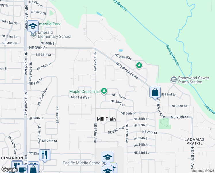 map of restaurants, bars, coffee shops, grocery stores, and more near 17404 Northeast 32nd Street in Vancouver