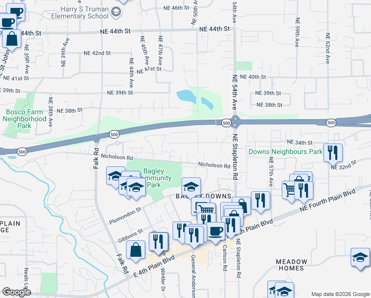map of restaurants, bars, coffee shops, grocery stores, and more near 5001 Northeast 34th Street in Vancouver