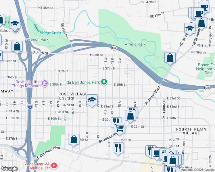 map of restaurants, bars, coffee shops, grocery stores, and more near 3431 T Street in Vancouver