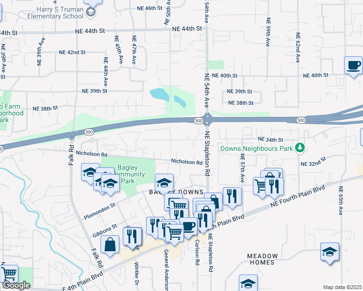 map of restaurants, bars, coffee shops, grocery stores, and more near 5105 Northeast 34th Street in Vancouver