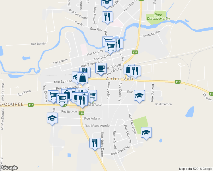 map of restaurants, bars, coffee shops, grocery stores, and more near 847 Rue Leclerc in Acton Vale