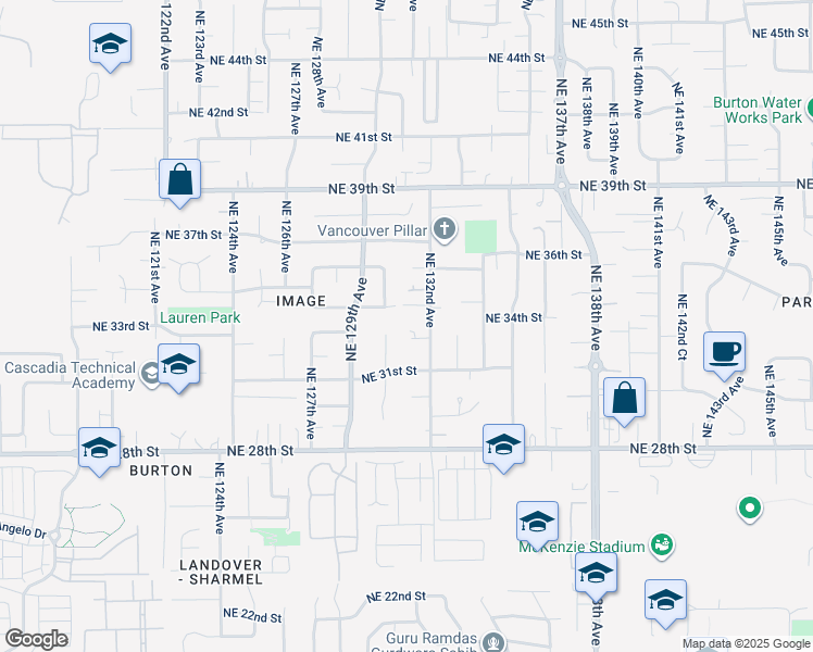 map of restaurants, bars, coffee shops, grocery stores, and more near 13102 Northeast 33rd Circle in Vancouver