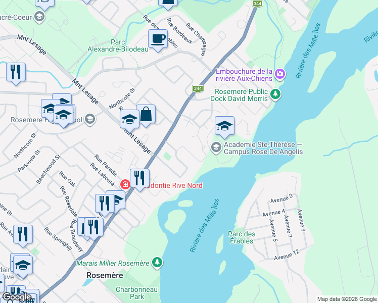 map of restaurants, bars, coffee shops, grocery stores, and more near 173 Rue Glendale in Rosemère
