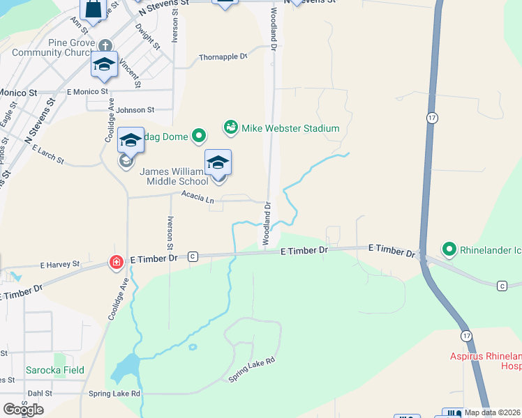map of restaurants, bars, coffee shops, grocery stores, and more near 861 Woodland Drive in Rhinelander