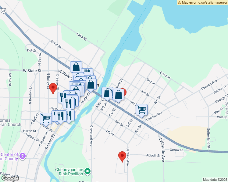 map of restaurants, bars, coffee shops, grocery stores, and more near 199 Coastguard Drive in Cheboygan