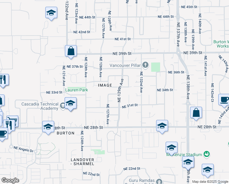 map of restaurants, bars, coffee shops, grocery stores, and more near 12806 Northeast 33rd Street in Vancouver