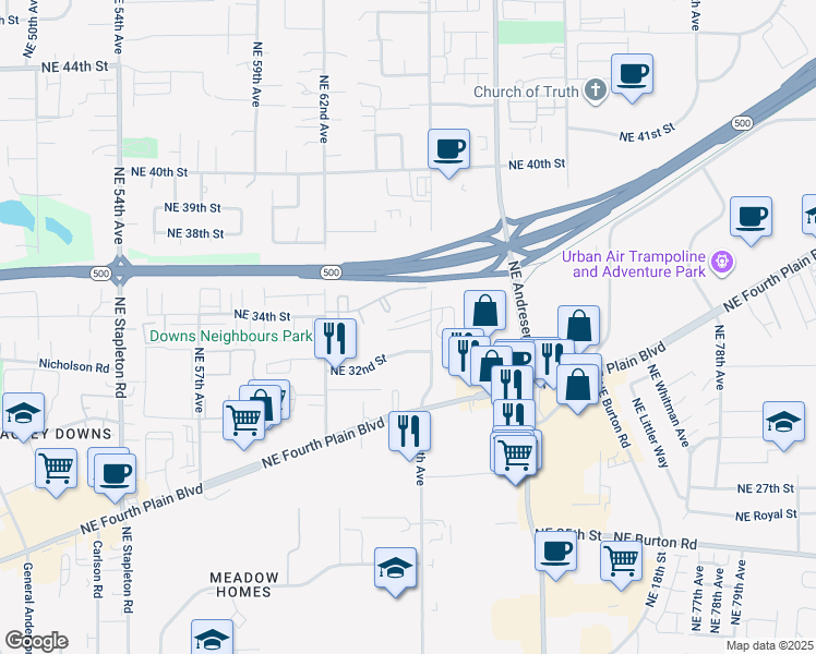 map of restaurants, bars, coffee shops, grocery stores, and more near 3400 Northeast 66th Avenue in Vancouver