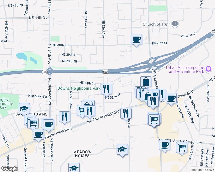 map of restaurants, bars, coffee shops, grocery stores, and more near 6123 Northeast 34th Street in Vancouver