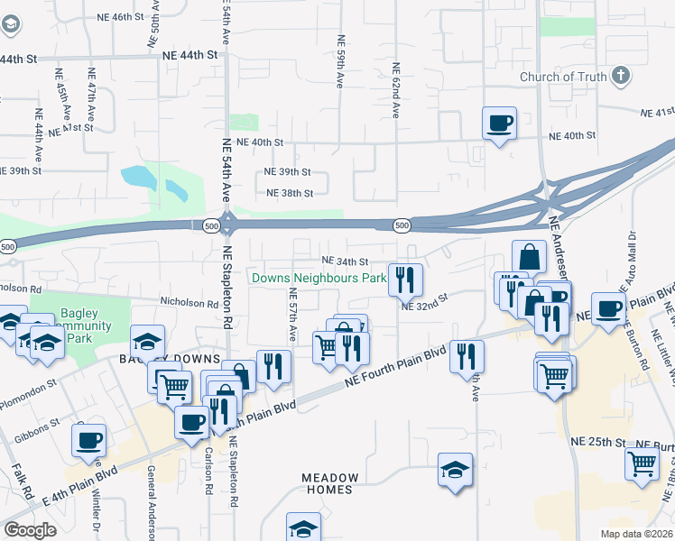 map of restaurants, bars, coffee shops, grocery stores, and more near 5901 Northeast 34th Street in Vancouver