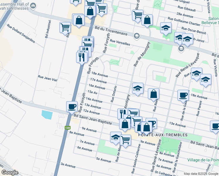 map of restaurants, bars, coffee shops, grocery stores, and more near 1823 16e Avenue in Montréal