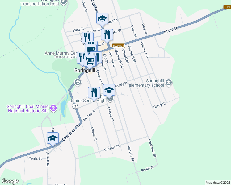 map of restaurants, bars, coffee shops, grocery stores, and more near 53 Elm Street in Springhill