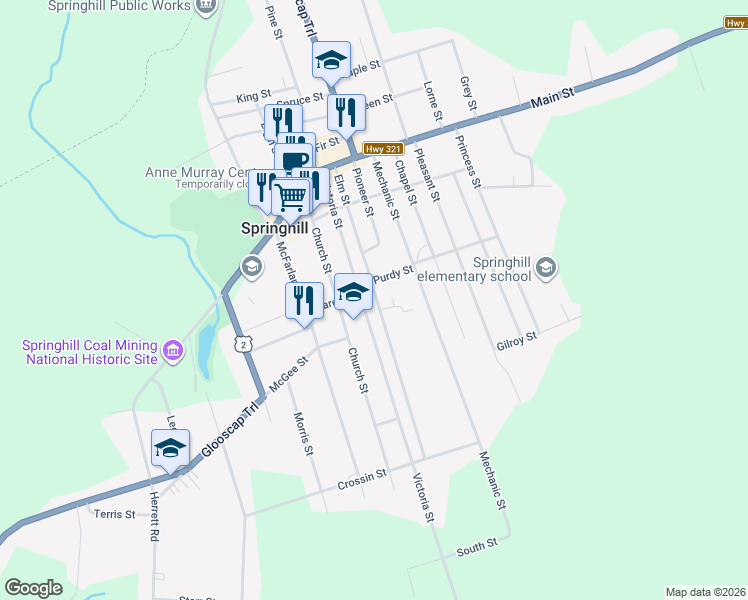 map of restaurants, bars, coffee shops, grocery stores, and more near 55 Elm Street in Springhill
