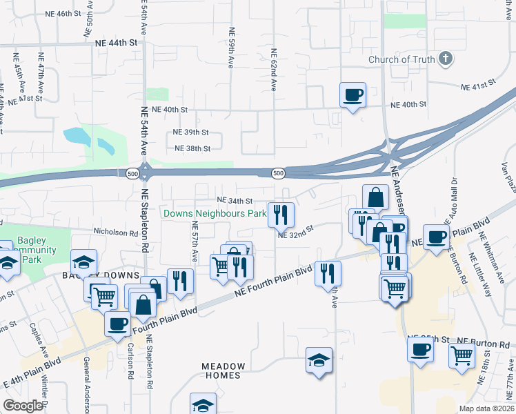 map of restaurants, bars, coffee shops, grocery stores, and more near 6019 Northeast 34th Street in Vancouver