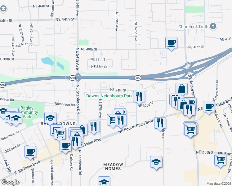 map of restaurants, bars, coffee shops, grocery stores, and more near 5901 Northeast 34th Street in Vancouver