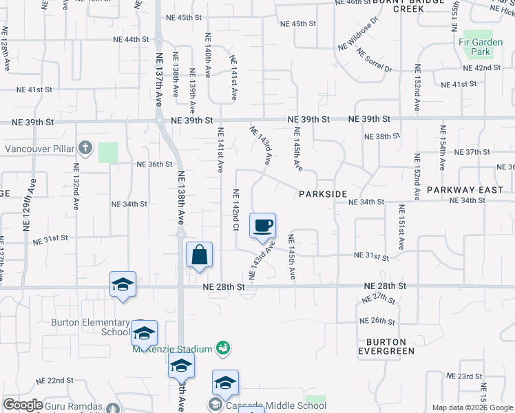 map of restaurants, bars, coffee shops, grocery stores, and more near 3311 Northeast 143rd Avenue in Vancouver