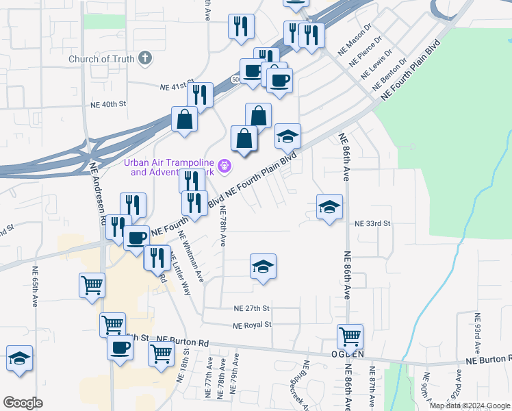 map of restaurants, bars, coffee shops, grocery stores, and more near 3305 Northeast 79th Avenue in Vancouver