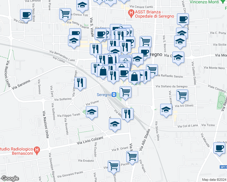 map of restaurants, bars, coffee shops, grocery stores, and more near 8 Via Papa Giovanni XXIII in Seregno