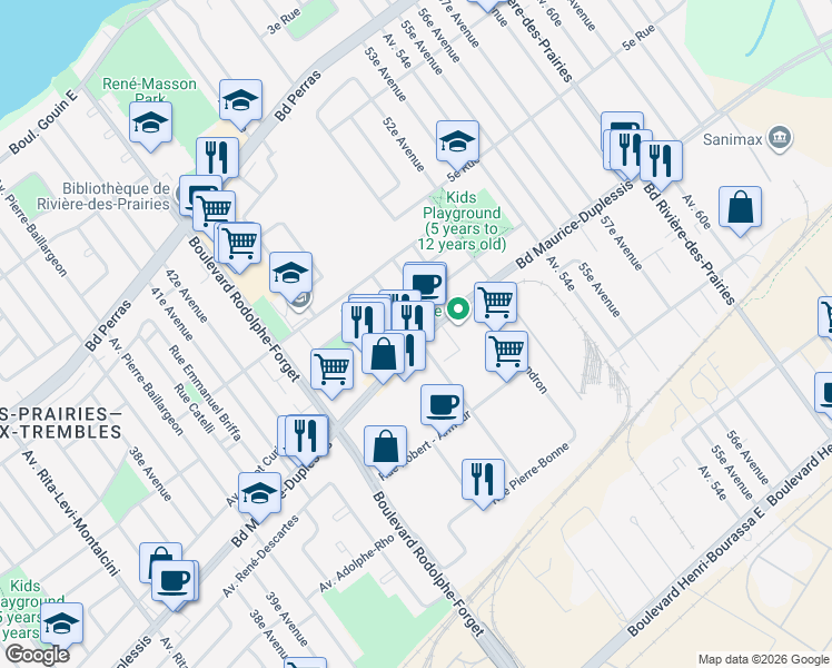 map of restaurants, bars, coffee shops, grocery stores, and more near 9179 Boulevard Maurice-Duplessis in Montréal