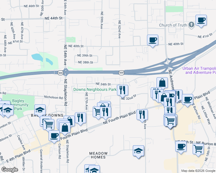 map of restaurants, bars, coffee shops, grocery stores, and more near 5927 Northeast 34th Street in Vancouver