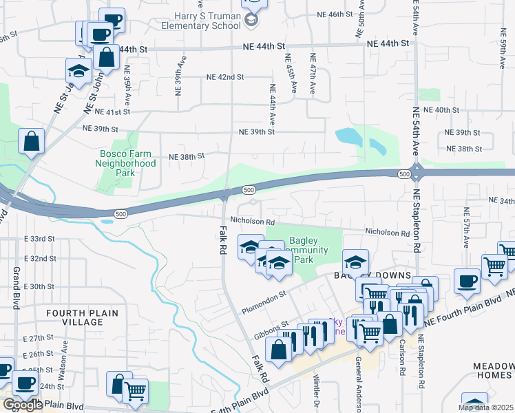 map of restaurants, bars, coffee shops, grocery stores, and more near 3312 Northeast 43rd Place in Vancouver