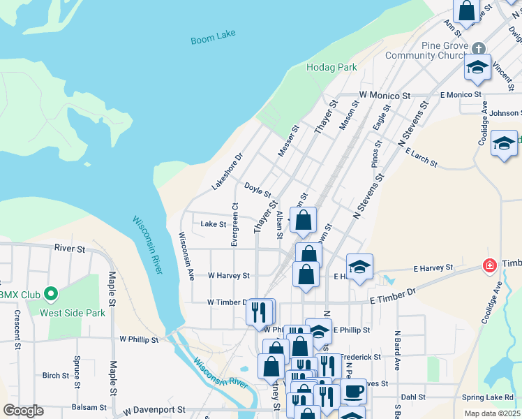 map of restaurants, bars, coffee shops, grocery stores, and more near 663 Thayer Street in Rhinelander