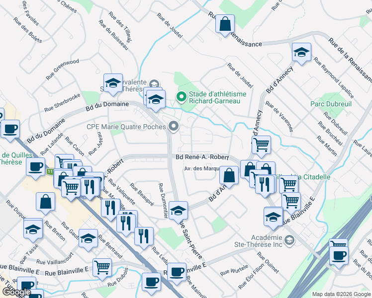 map of restaurants, bars, coffee shops, grocery stores, and more near 155 Place Chevigny in Sainte-Thã©Rã¨Se