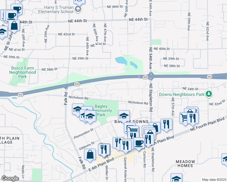 map of restaurants, bars, coffee shops, grocery stores, and more near 4809 Northeast 34th Street in Vancouver