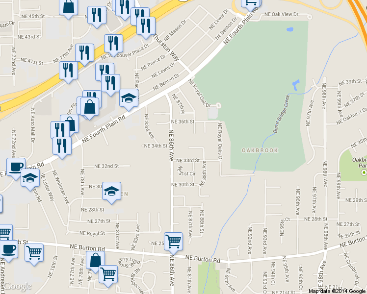 map of restaurants, bars, coffee shops, grocery stores, and more near 8606 Northeast 34th Way in Vancouver