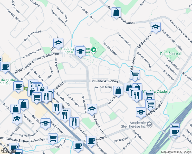 map of restaurants, bars, coffee shops, grocery stores, and more near 155 Place Chevigny in Sainte-Thérèse