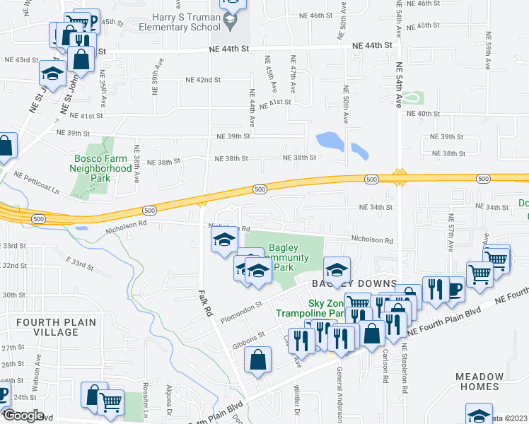 map of restaurants, bars, coffee shops, grocery stores, and more near 4450 Northeast Nicholson Loop in Vancouver