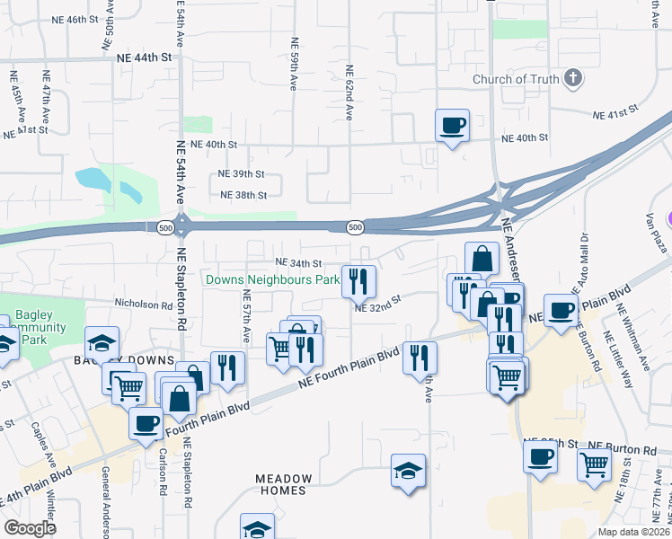 map of restaurants, bars, coffee shops, grocery stores, and more near 6105 Northeast 34th Street in Vancouver