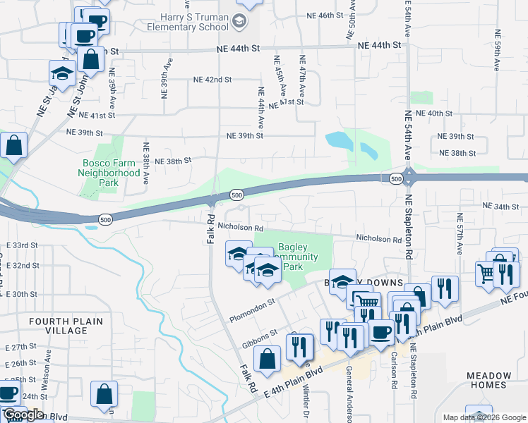 map of restaurants, bars, coffee shops, grocery stores, and more near 4450 Northeast Nicholson Loop in Vancouver