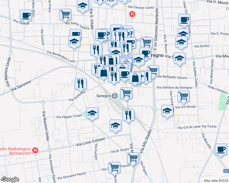 map of restaurants, bars, coffee shops, grocery stores, and more near 8 Via Papa Giovanni XXIII in Seregno