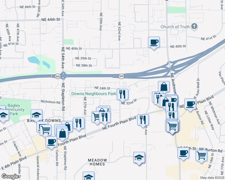 map of restaurants, bars, coffee shops, grocery stores, and more near 6003 Northeast 34th Street in Vancouver