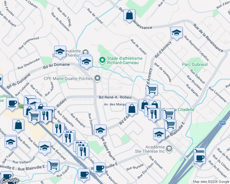 map of restaurants, bars, coffee shops, grocery stores, and more near 165 Rue Marcel-De la Sablonnière in Sainte-Thã©Rã¨Se