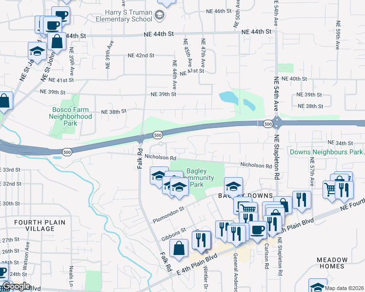 map of restaurants, bars, coffee shops, grocery stores, and more near 4450 Northeast Nicholson Loop in Vancouver
