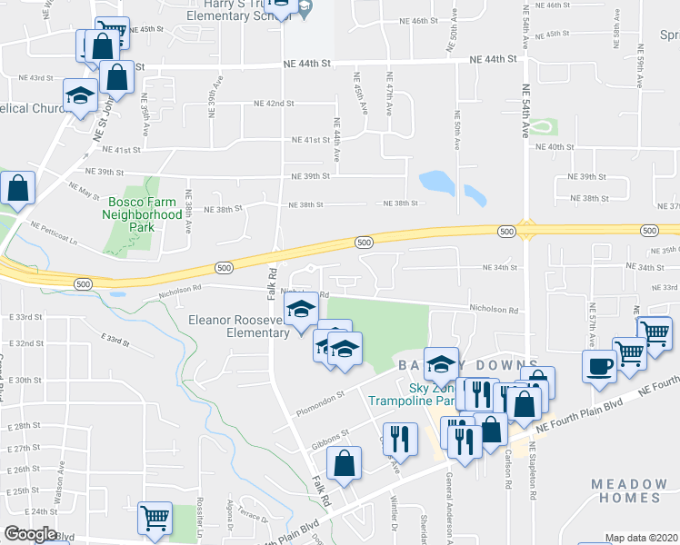 map of restaurants, bars, coffee shops, grocery stores, and more near 4450 Northeast Nicholson Loop in Vancouver