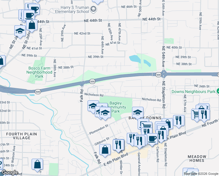 map of restaurants, bars, coffee shops, grocery stores, and more near 4434 Northeast Nicholson Loop in Vancouver