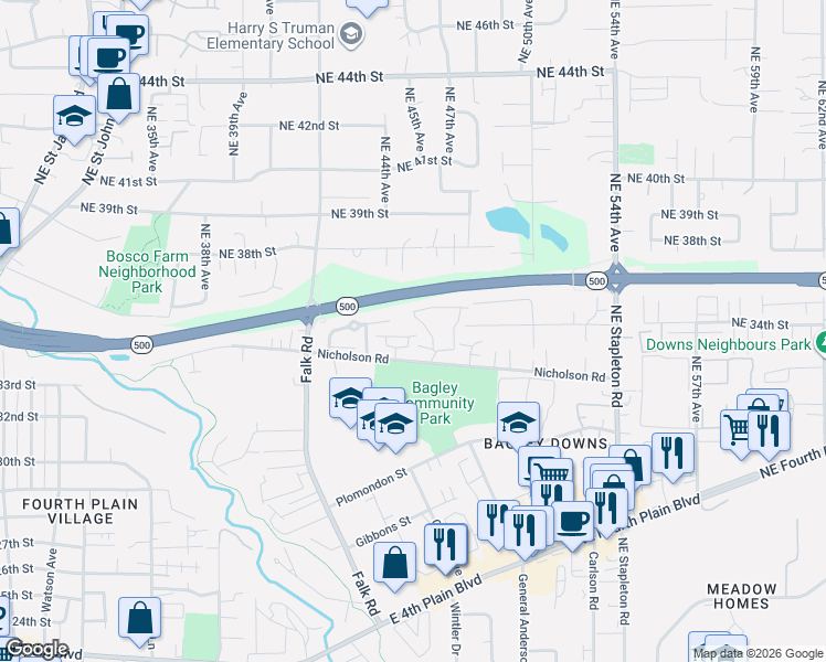 map of restaurants, bars, coffee shops, grocery stores, and more near 4434 Northeast Nicholson Loop in Vancouver