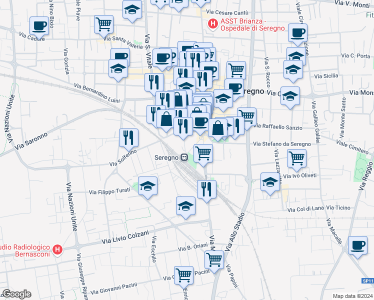map of restaurants, bars, coffee shops, grocery stores, and more near 8 Via Papa Giovanni XXIII in Seregno