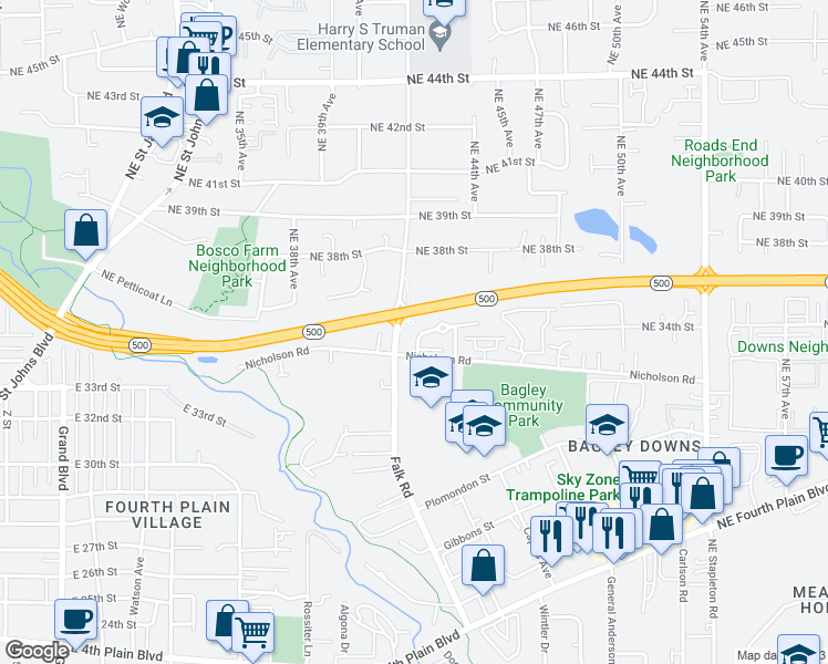map of restaurants, bars, coffee shops, grocery stores, and more near 4210 Northeast 34th Way in Vancouver