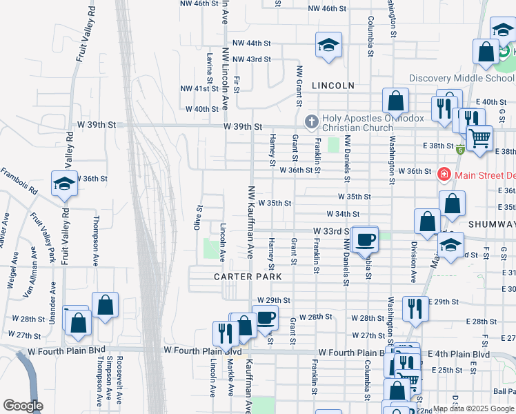 map of restaurants, bars, coffee shops, grocery stores, and more near 3415 Kauffman Avenue in Vancouver
